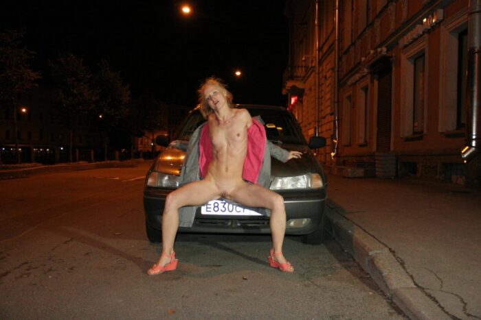 Russian petite blonde Vasilisa spreads legs at city streets