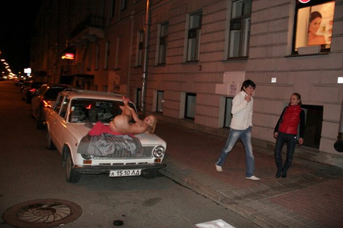Russian petite blonde Vasilisa spreads legs at city streets
