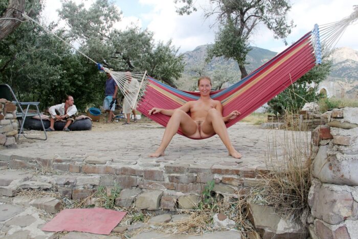 Girl Margarita S spreads her legs in a hammock on a camping