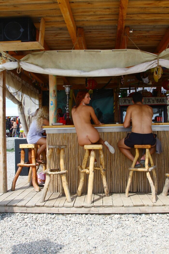 Margarita S orders cocktails at the beach bar absolutely naked