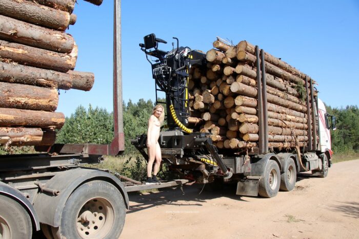 Naked teen blonde Isabel posing on timber carrier