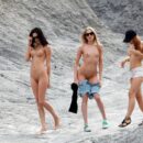 Three hot russian babes walk naked at sand quarry