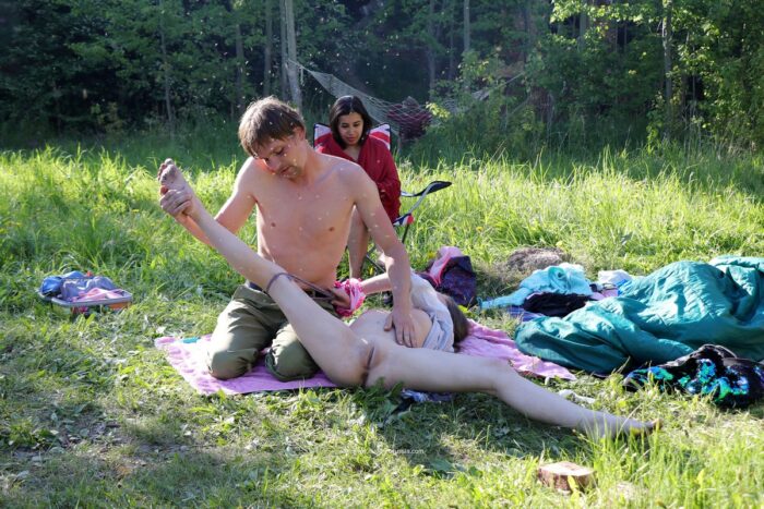 Young russian blonde Katja S removes panties at picnic