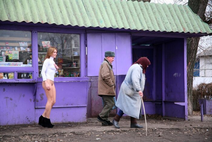 Bottomless blonde Ksenia Z walks to village residents