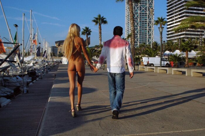 Naked blonde Maria Leonova walks without clothes in the city port