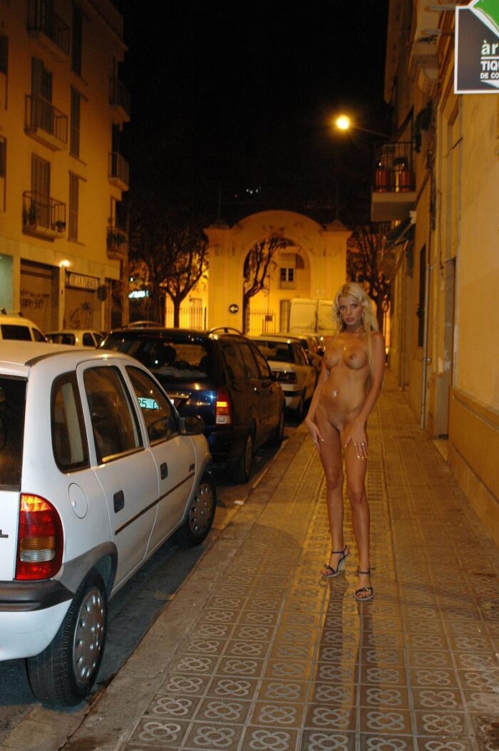 Shameless blonde Maria Leonova walks naked at night city