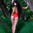 Martina Mink seduces and teases in her red one-piece lacy lingerie. She takes it off in the middle of the tall grass and uncovers her tanned bikini line, huge boobies and shaved pussy.