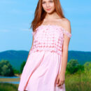 Alicia Love lifts the hem of her pink dainty dress and flashes her bottomless smooth pussy and bumtastic figure in the middle of the meadow.