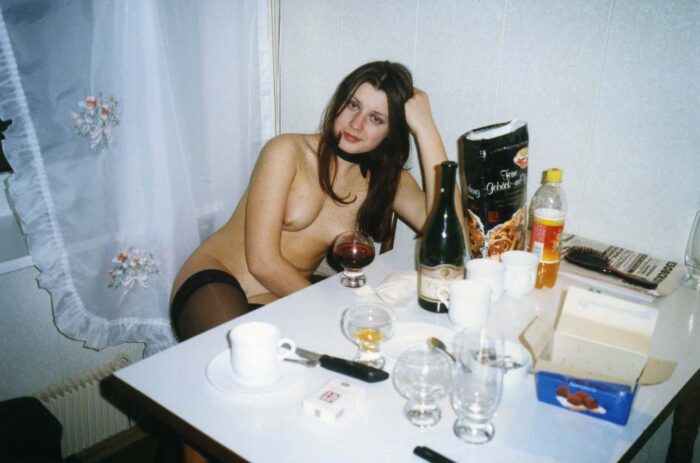Old photos of bottomless brunette Gella on kitchen