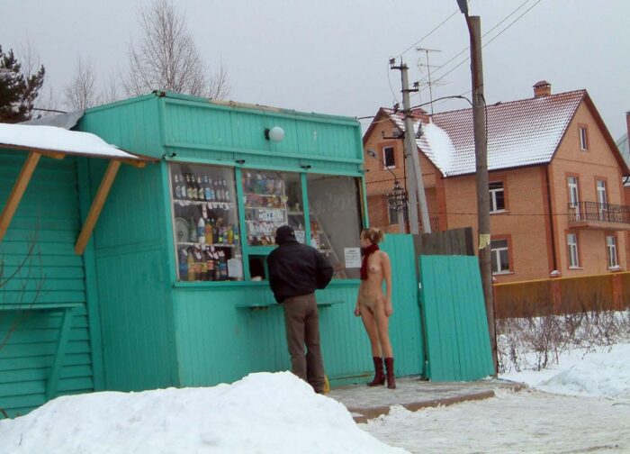 Shameless Ludmila makes purchases in a small store without clothes