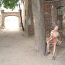 Blonde Elena with slender body flashes at the streets