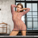 Lila Nova enticingly slips out off her sheer striped mini dress. She bends over on the bed and flaunts her puffy pinkish smooth coochie and slender bumtastic physique.