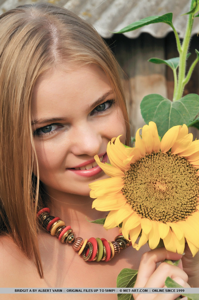 Bridgit A's natural beauty and youthful body stands out amongst the lovely sunflowers