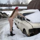 Russian teen blonde Alena B with big ass on snow car