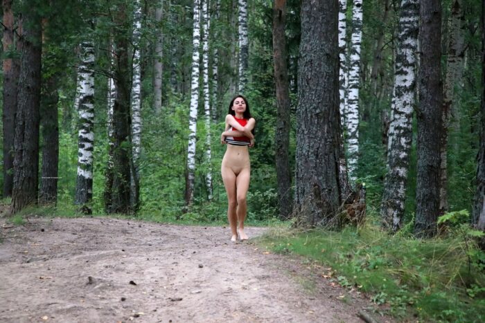 A young and beautiful brunette Dayana walks naked in the woods