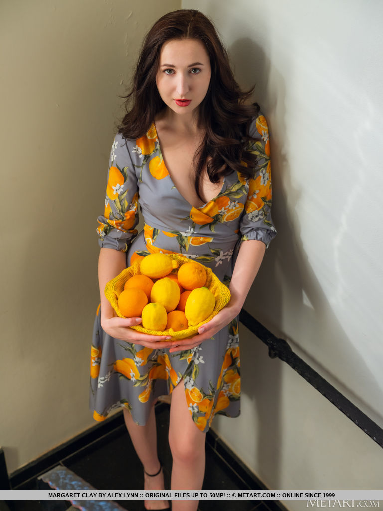 Margaret Clay carries the bowl of lemons down the stairs, stops midway, undresses and uncovers her stunning flawless bod and pinkish smooth coochie.