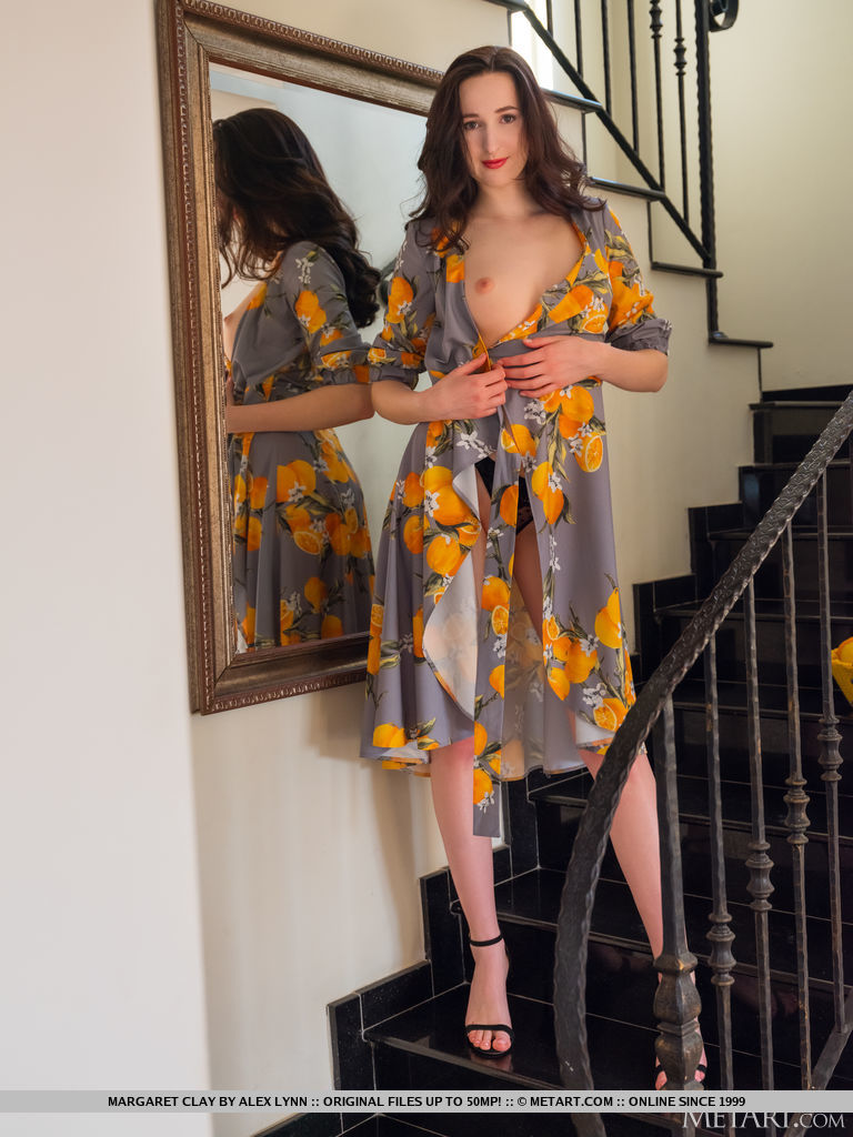 Margaret Clay carries the bowl of lemons down the stairs, stops midway, undresses and uncovers her stunning flawless bod and pinkish smooth coochie.