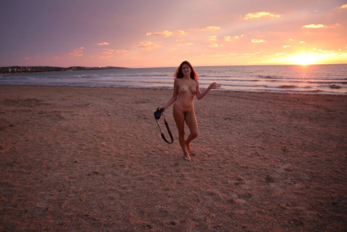 Russian girl Lena W with hairy pussy at sunset beach