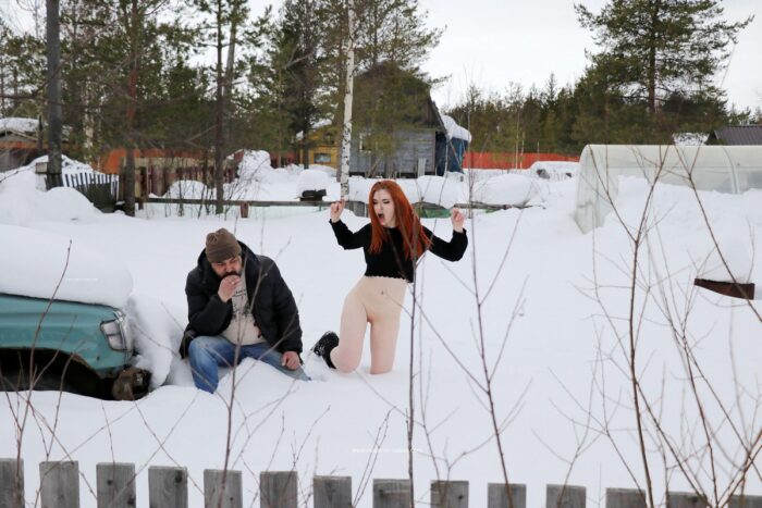 Very beautiful russian babe Tatjana E walks bottomless at winter village with stranger