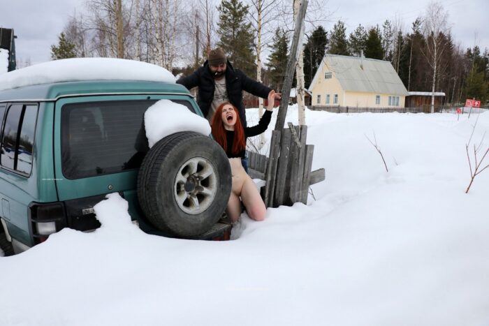 Very beautiful russian babe Tatjana E walks bottomless at winter village with stranger
