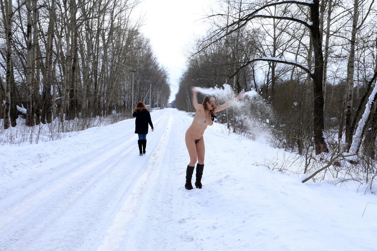 Russian blonde Nastia with a very hairy pussy at winter road