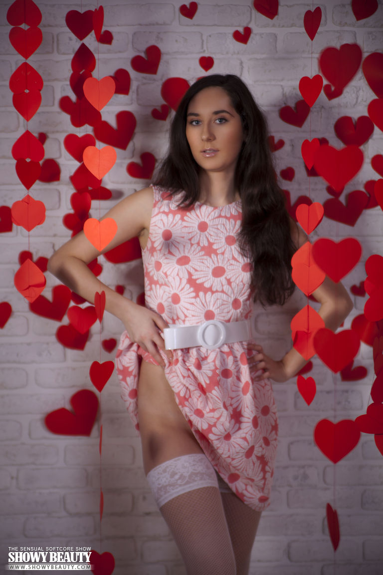 Sabina: RED HEART. Brunette flashing pussy