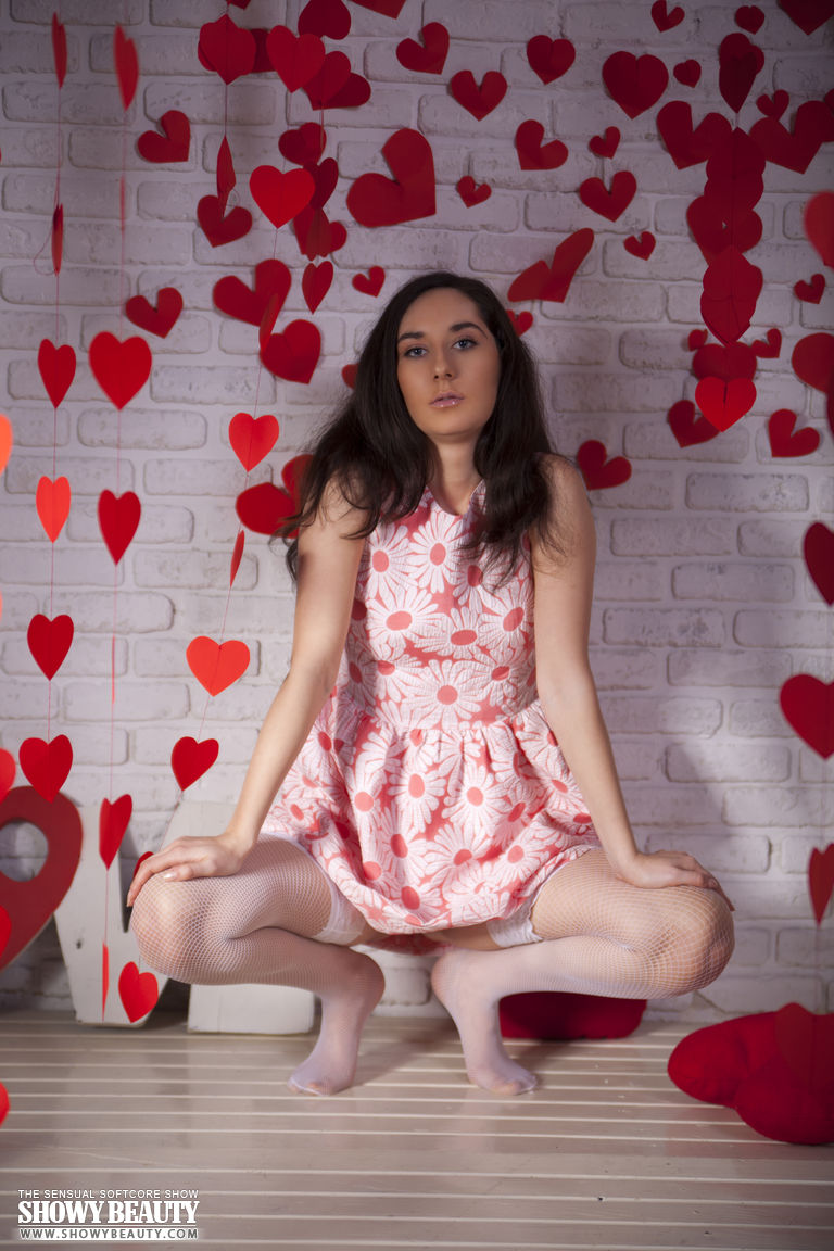 Sabina: RED HEART. Brunette flashing pussy