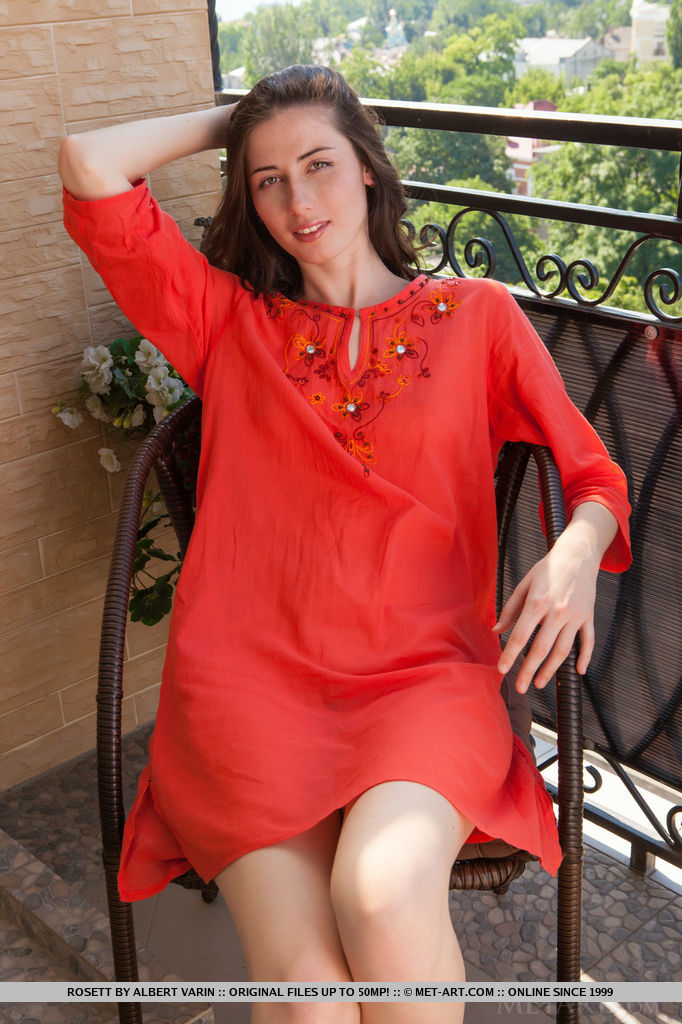 Rosett undresses her red kaftan dress, revealing a pair of small yet exquisitely pink and puffy breast, pink pussy with a cute trimmed bush, and smooth, svelte legs.