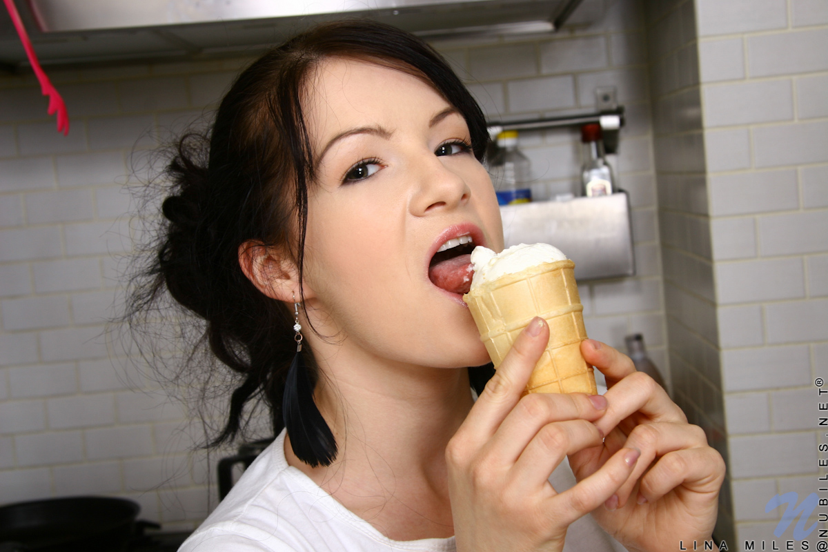 Naughty hottie Lina Miles teasing us to lick her hot pussy with ice cream on top