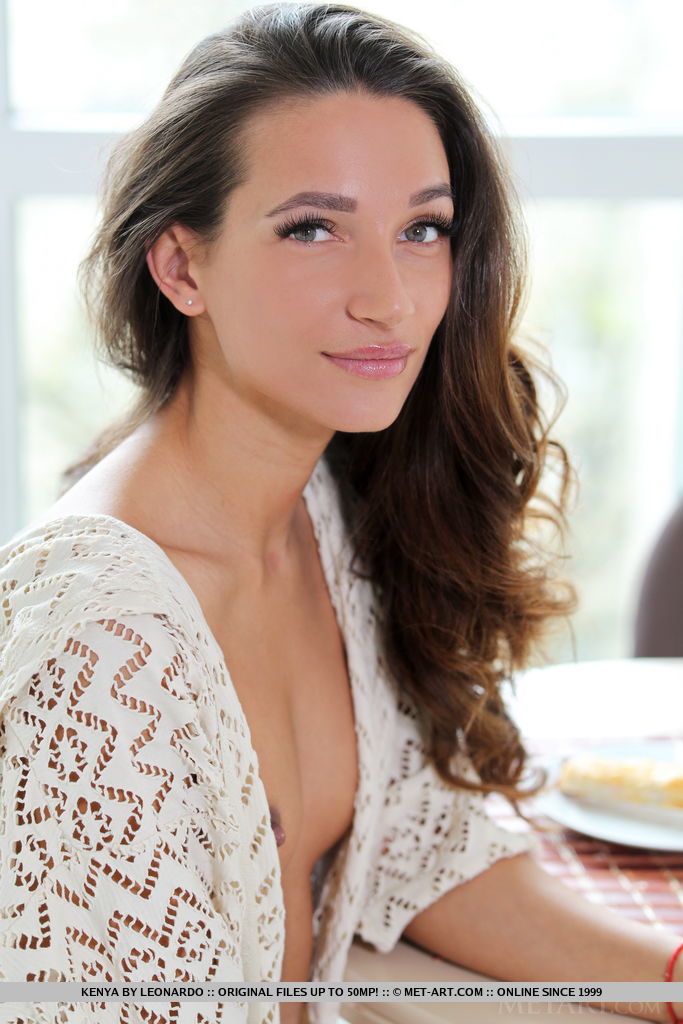Kenya is feeling fresh and sexy in her sheer lace cardigan. She entrancingly strip it off and uncover her hot slender body.